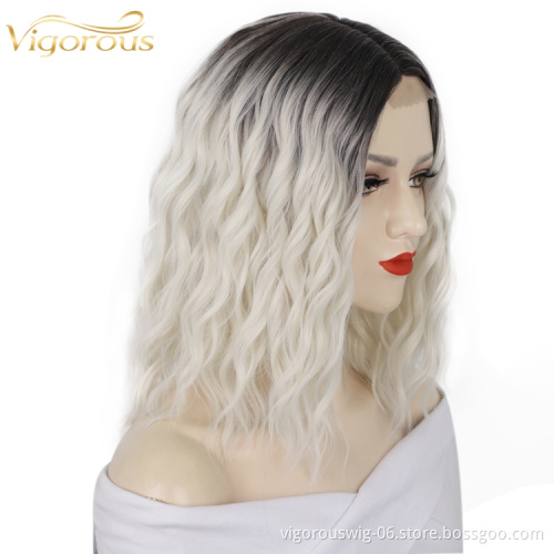 Hot Sale Cheap Short Bob Cosplay Party Curly Ombre Gray For Women Fiber Small Part Lace Front Wig Synthetic Hair